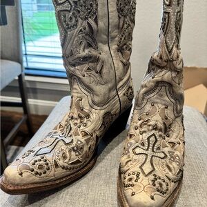 Corral Cream and Brown Heeled Boots with Distinctive Design